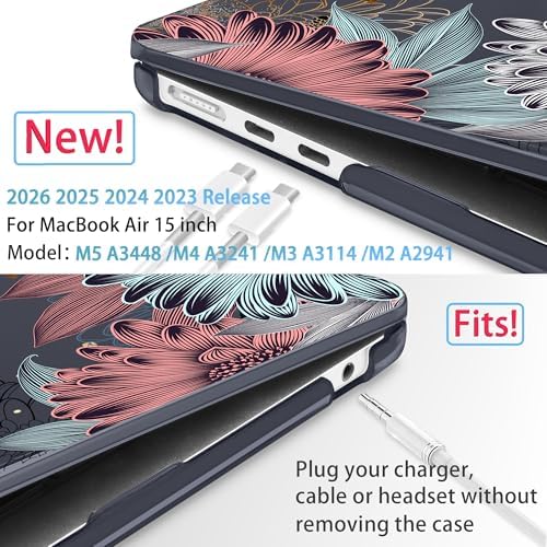 Mektron for 2026/2025/2024/2023 MacBook Air 15 INCH M5 A3448 /M4 A3241 /M3 A3114 /M2 A2941 Case, Printed Plastic Hard Shell Cover with 15.3" Liquid Retina Display Touch ID, Blooming Chrysanthemums - Image 2