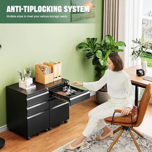 Letaya 3 Drawer Mobile File Cabinet with Lock,Under Desk Metal Filing Cabinets for Home Office Organizer Letters/Legal/A4((Fully Assembled-Black) (Pack of 2) - Image 4