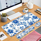 Large Gaming Mouse Pad+ Keyboard Wrist Rest Set, Ergonomics Memory Foam Mouse Mat Wrist Rest Support for Home Office, Waterproof Extended Mousepad 31.5x11.8in, Blue Flowers White Desk Pad - Image 7