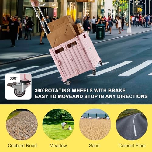 MACOPRO Folding Utility Cart Portable Rolling Crate Handcart Shopping Trolley Collapsible Tool Box, with Lid, Basket on 4 Rotate Wheels, for Grocery, Shopping, Office, Teacher (Pink) - Image 6