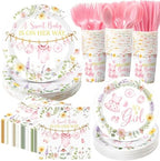 400 Pcs Pink Wildflower Girl Baby Shower Party Decoration for 50, Baby in Bloom Paper Plates Napkins and Cups Cutlery Floral Tableware Set for a Sweet Babys Is on Her Way Party Supplies by Sunnychicc