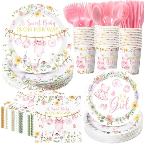 400 Pcs Pink Wildflower Girl Baby Shower Party Decoration for 50, Baby in Bloom Paper Plates Napkins and Cups Cutlery Floral Tableware Set for a Sweet Babys Is on Her Way Party Supplies by Sunnychicc