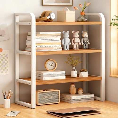 Office Desk Shelf Organizer, Wood Desktop Bookshelf Supplies Storage Rack, Shelf for Top of Desk and Dresser and Cubicle Decor Aesthetic Bookshelf (White Wood-three Tier, 11.81 Lx7.87 Wx22.05 H) by Janebert
