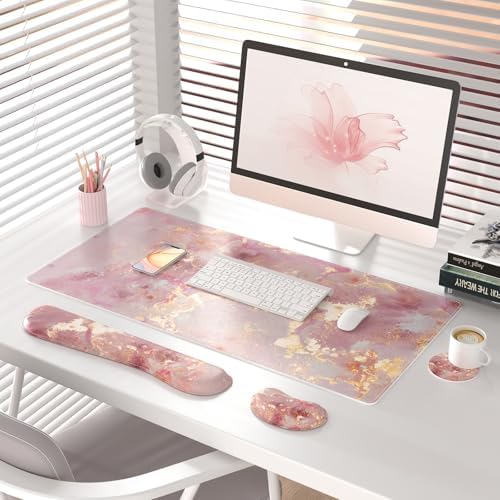 QiyI PU Leather Desk Mat Set, 4-in-1 Ergonomic Wrist Rest, Pink Marble - Image 2
