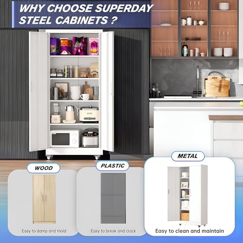 Superday Garage Storage Cabinet with Wheels，73" H Metal Storage Cabinet with Doors and Adjustable Shelves, Lockable Steel Utility Tool Cabinets for Garage, Home Office, Kitchen(White) - Image 7