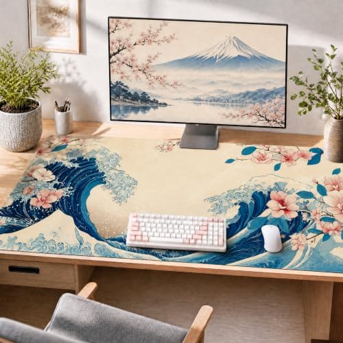 Cherry Blossom Japanese Wave XXL Gaming Mouse Pad 48"x24",Extended Desk Mat by HOME