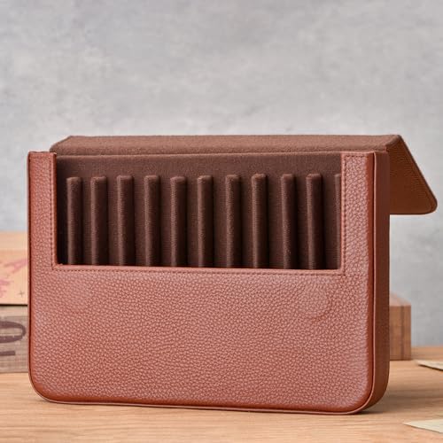 Lanxivi 12 Fountain Pen Case Genuine Coffee Leather Organizer, Portable Pen Bag Pouch Drawer Style - Image 5