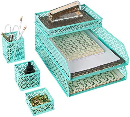 BLU MONACO | Aqua Desk Organizer Set for Women 6 Piece | Mail Sorter Organizer Countertop with Letter Sorter for Desk | Standing File Organizer with Mesh Pen Holders by Blu_Monaco