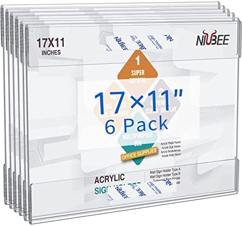 NIUBEE Acrylic Sign Holder 11 x 17 Horizontal Wall Mount Sign Holders Clear Acrylic Frame with Double Sided Tape Clear Poster Frames Plastic Sign Holder for Office, Home, Restaurant, Landscape, 6 Pack by NIUBEE