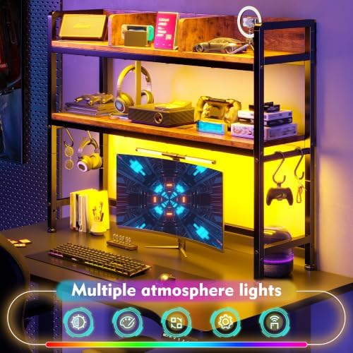 REIBII 2-Tier Desk Shelf with LED for Bedroom and Home Office, Rustic Brown - Image 3
