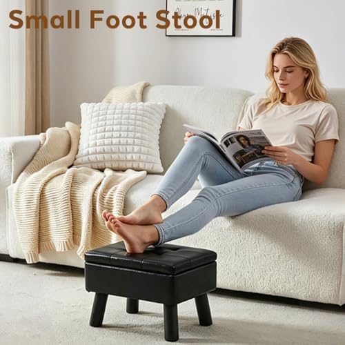Storage Ottoman, Small Foot Stool Ottoman with Storage, Faux Leather Foot Rest with Wood Legs, Footstool for Living Room, Bedroom, Entryway, Black - Image 6