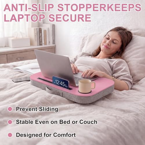 Lewtemi Peach Pink Laptop Lap Desk with Cushion Cup Holder and Stopper Padded and Phone Holder Couch Bed Sofa Fits up to 15.6 Inch Portable Lap Desk for Home Office Study Writing - Image 5