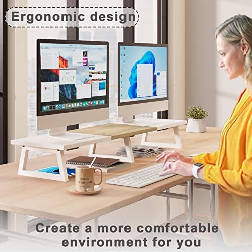 TEAMIX 42 inch Large Dual Monitor Riser, Extra Long Monitor Stand Riser Wide TV Stand Riser White Monitor Stand for 2 Monitors Wood & Steel Desktop Riser for Dual Screen Office Desk Organization - Image 2