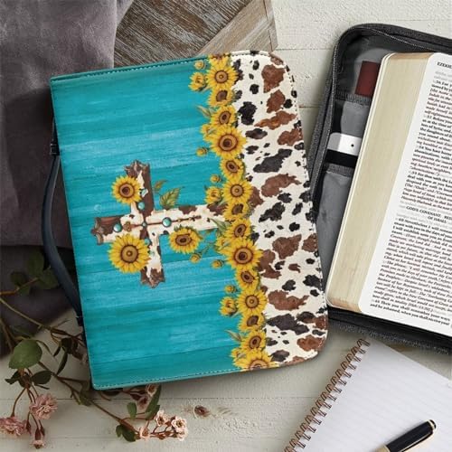 Blue Wood Grain Cross Bible Covers Case, Sunflowers Cow Print Women Girls Bible Cover Church Bag with Top Handle Protective Bible Carrying Case PU Leather Bag - Image 6
