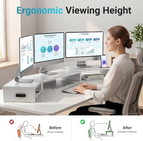 BONTEC Triple Monitor Stand Riser with Smartphone Holder, White - Image 2