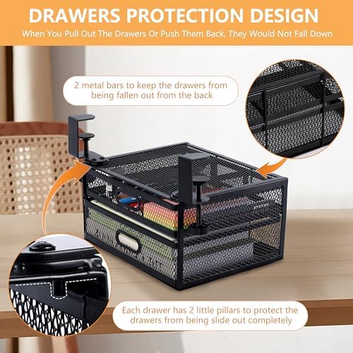 Sliding Under Desk Drawer Organizer No Drilling 2 Drawers Slide Out Desktop Or Under Table Storage Metal Clamp On Desk Drawer Attachment Anti-Slip Small Under Desk Organizer for Home & Office - Image 4