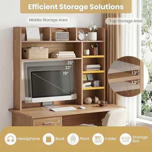 BECOMFORT Desk Hutch with LED Lights, Desk Organizer Shelf w/ 8 Storage Compartments, up to 25” Monitor, Wooden Display Rack, Desktop Bookshelf for Vanity Dressing Tabletop College Dorm Home & Office - Image 5