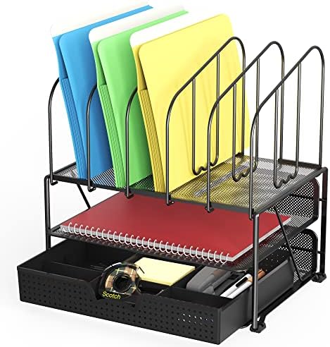 Deco Brothers Mesh Desk Organizer with Double Tray, 5 Upright Sections and Sliding Drawer, Black by DecoBrothers