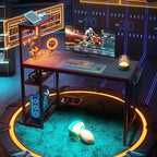 Bestier Gaming Desk with Power Outlets, 44 Inch Led Gamer Desk with 4 Tiers Reversible Shelves, PC Gaming Table with Headset Hook & Side Storage Bag for Bedroom (Black 3D Carbon Fiber) - Image 4