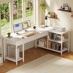 PRAISUN 63 Inch L Shaped Office Desk with Power Outlets and Type-C Port, Large Computer Gaming Desk with 3 Fabric Drawers, Mesh Shelves, Corner Study Work Writing Desk, White - Image 2