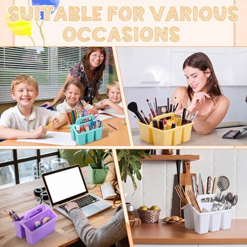 Qunclay 12 Pack Plastic Caddy with Handle Pastel Color 4 Compartment Classroom Caddies Organizer Protable Craft Storage Classroom Caddy Organization for Teachers Pencil Crayon Marker School Supplies - Image 5