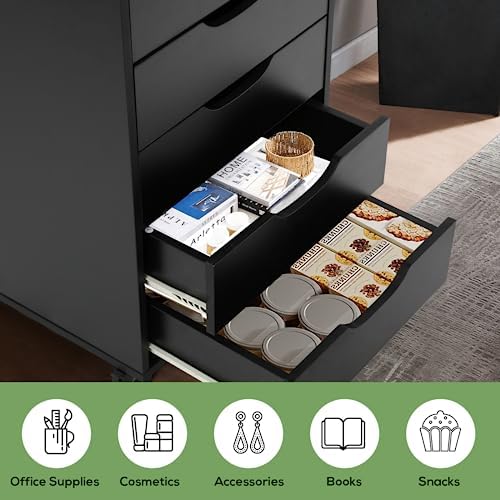 TUSY 7 Drawer File Cabinet with Wheels, Mobile Wood Storage Cabinet for Home Office, Rolling Drawer Organizer for Office Supplies, Printer Stand, Black - Image 6