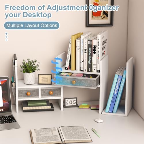 X-cosrack Adjustable Desk Shelves for Storage, Desktop Bookshelf with 3 Drawers, White Wood Desk Shelf for Top of Desk, Corner Desktop Organizer for Women Office - Image 4