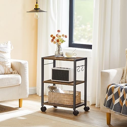 MAHANCRIS Printer Stand, 3-Tier Under Desk Rolling Cart with Storage Shelf, Heavy Duty Printer Table with Wheels for Home and Office, Printer Shelf with 2 Hooks, Small Spaces, Rustic Brown PTHR4001Z - Image 3