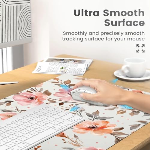 Pink Botanical Office Desk Mat 31.5" x 15.7" Desktop Mat PU Leather Large Mouse Pad White Mousepad Non-Slip Table Mat for Girls, Women, Home, Work, Computer, and Gaming - Image 4
