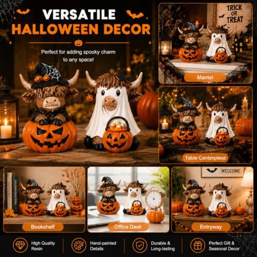 Karenhi 2 Pcs Halloween Highland Cows Figurines Resin, Pumpkin Decor - Image 5