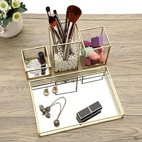Hipiwe Set of 4 Gold Glass Makeup Brush Holder Organizer with Vanity Tray - Image 2