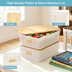 Bagnizer 4 Pack Plastic Storage Bins with Bamboo Lids, 6.2qt Stackable Storage Organizer Box with Lable for Pantry Shelves Drawers Desktop Office, 12"L x 8.3"W x 3.5"H, Cream White - Image 2