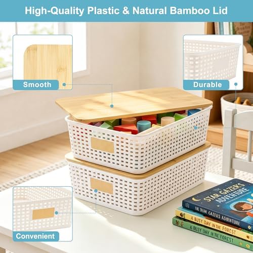 Bagnizer 4 Pack Plastic Storage Bins with Bamboo Lids, 6.2qt Stackable Storage Organizer Box with Lable for Pantry Shelves Drawers Desktop Office, 12"L x 8.3"W x 3.5"H, Cream White - Image 2