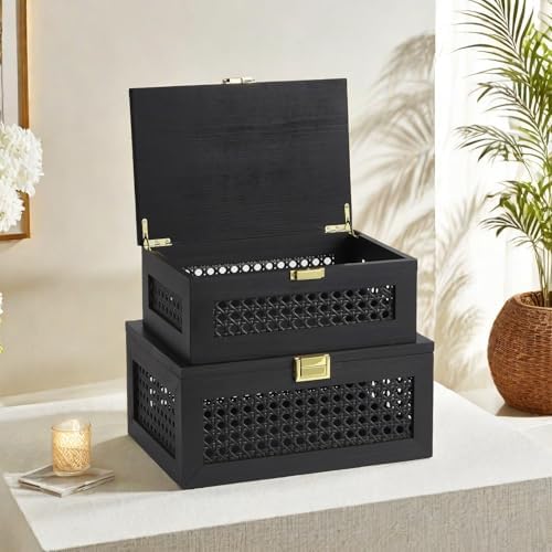2PCS Decorative Rattan Storage Box Basket with Lid Wooden Frame - Image 5
