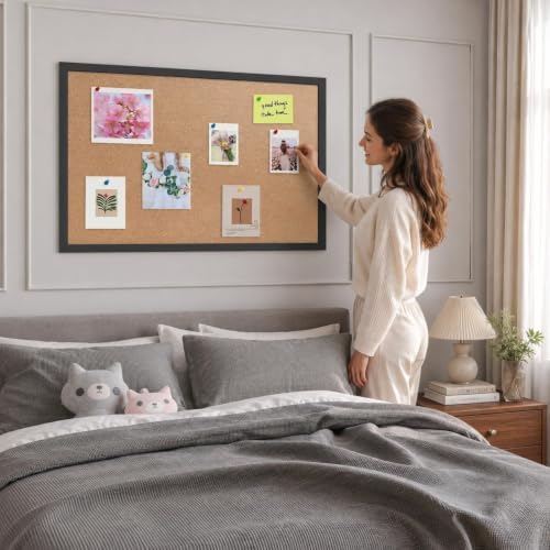 24"x36" Black Wood Framed Hanging Cork Bulletin Board - Image 6