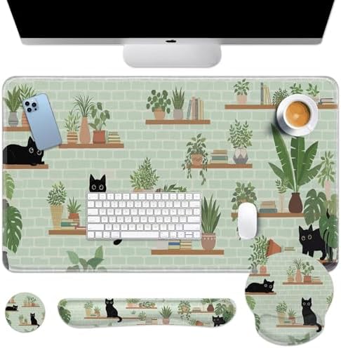Arttown Keyboard Mouse Pad Set, 4 in 1 Desk Mat Set Cat Plant by Arttown