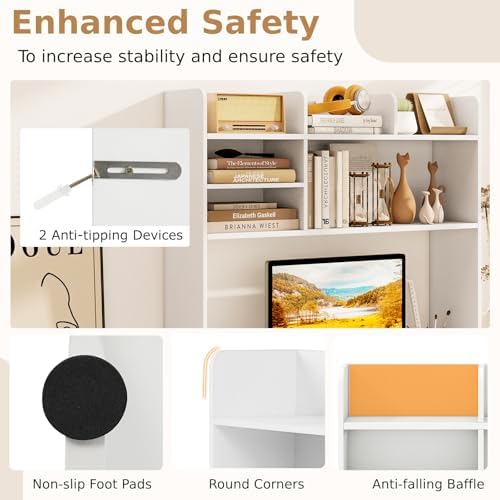 GOFLAME 6 Shelves Desktop Bookshelf, 37” Desk Hutch Dorm for Computer Monitor Up to 32”, 3-Tier Countertop Display Rack, Wood Desk Storage Organizer Shelf for Home Office, Study, White - Image 6