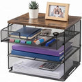 4-Tier Mesh Desk Organizer and Accessories with Drawer Wooden Top Desktop Organizers Letter Tray Paper Organizer File Holder for Home Office School Black by Uwoodia