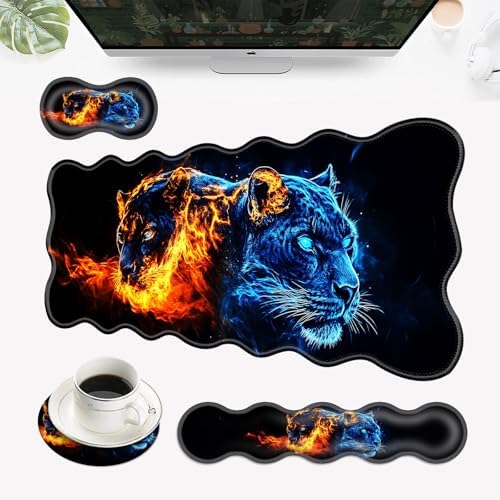 Desk Mat, Mouse Pad with Wrist Rest, 4-in-1 Large Mouse Pads for Desk, Ergonomic Mouse Pad and Keyboard Wrist Rest Gaming Keyboard Mat for Office,Fire Tiger by EFGWSDER