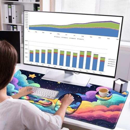 Mouse Pad with Wrist Support 4 in1 Set, XXL Big Game Mousepad + Keyboard Wrist Rest + Mouse Wrist Rest Pad +Coaster Gaming Mat for Home Office Work Computer Laptop I Colorful Clouds Starry Night - Image 3