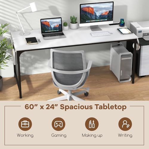 Tangkula 60” Large Computer Desk with Charging Station, Modern Simple Study Writing Desk with Storage Bag, Headphone Hook, Sturdy Metal Frame, Home Office Workstation - Image 5