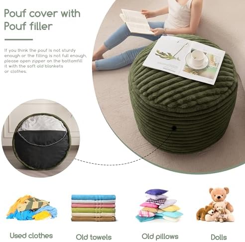 HIGOGOGO Round Stuffed Pouf Ottoman, Stripe Faux Fur Poufs with Foam Chunk Filling, Furry and Fluffy Pouf Foot Stool Storage Ottoman, 26 X 18 Floor Poufs Foot Rest for Living Room, Green - Image 6