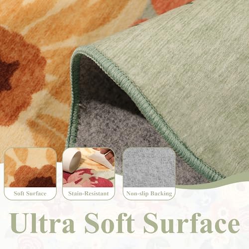 DUKINO 2x8 Washable Runner Rug, Floral Non Slip Kitchen Runner Rug, Green - Image 5