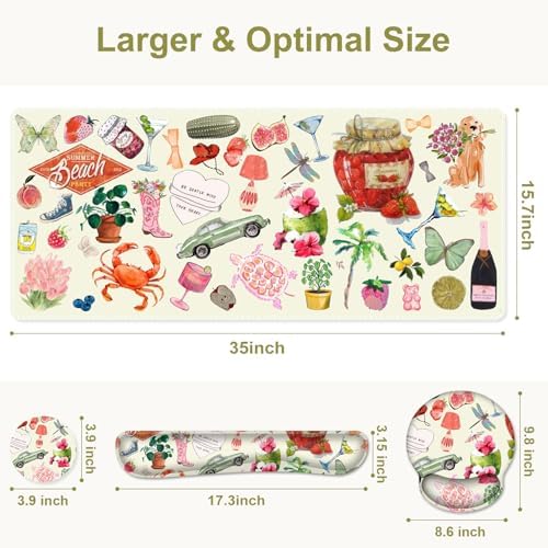 Mouse Pad, 4 in1 Large Desk Mat, Desk Pad Matt for Desktop, Anti-Slip XXL Big Computer Ergonomic Mousepad with Wrist Support for Keyboard and Mouse for Women I Watercolor Stickers - Image 3