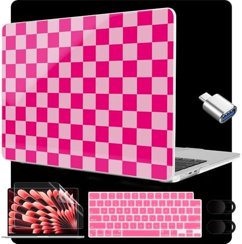 MEEgoodo for M5/M4/M3/M2 MacBook Air 15 inch Case 2026 2025 2024 2023, Case Fit Model (A3448/A3241/A3114/A2941) for MacBook Air 15.3 inch, Rose&Light Pink Checkerboard by MEEgoodo