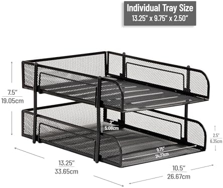 Mind Reader 2-Tier Stackable Paper Tray, Metal Mesh Desk Organizer for Files, Documents, and Mail, Office Desktop Storage, Set of 2, Black - Image 3