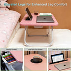 27.6" Home Office Folding Lap Desk with Drawer, Tablet Slot, Cup Holder - Fits up to 18 Inch Laptops, Bed Desk for Reading, Writing, Eating, Portable Laptop Table for Sofa, Coach, Floor (Pink) - Image 3