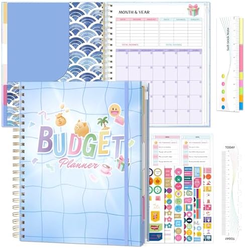 Ospelelf Budget Planner Undated, Money Expense Tracker with Pockets & Stickers, Thick Cardboard Cover, Large Pages for Spacious Writing, Original Fun Colorful Design, 12 Month Financial Notebook, Blue Pool by OspelelfOfficeSupplies
