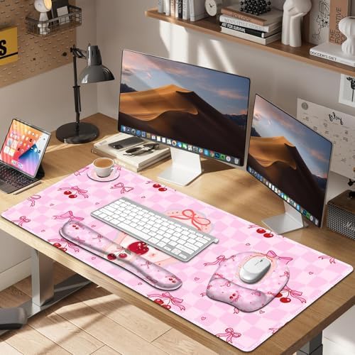 Cute Check Mouse Pad with Wrist Support 4 in1 Set, XXL Big Game Mousepad + Keyboard Wrist Rest + Mouse Wrist Rest Pad +Coaster Gaming Mat for Work Study Home Office I Pink Cherry & Bow Dream - Image 6