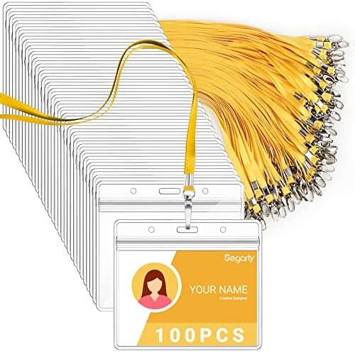 Segarty Lanyards with ID Holder, 100 Pack Horizontal Badge Clear Plastic Name Tags Neck Key Card Bulk, Yellow Strap Clips Waterproof Ziplock Nametag Protector for Women, Business, Student, School by Segarty